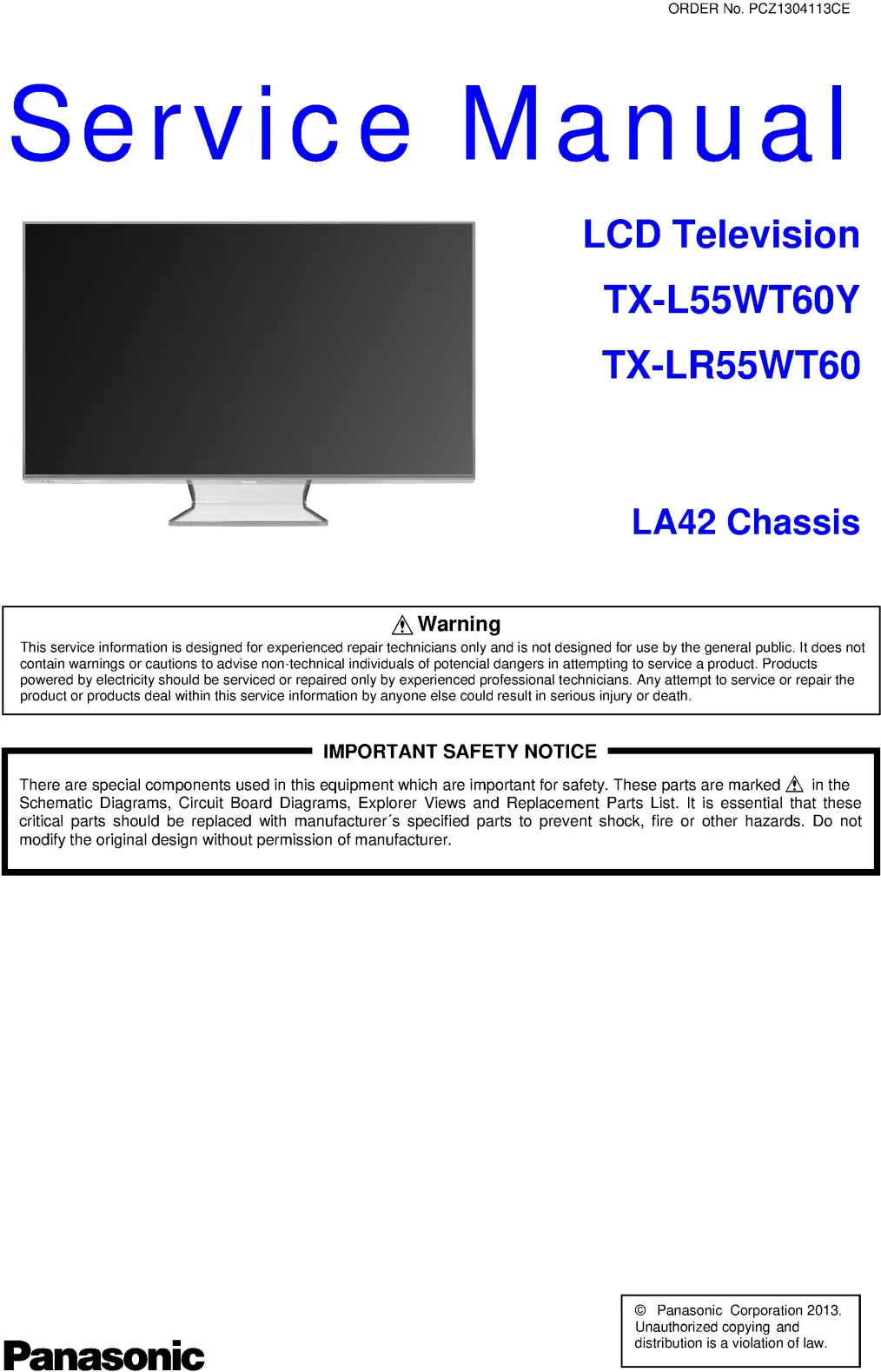 Panasonic tx l55wt60y lr55wt60 service manual cover with photo of the television, TV type, chassis code, model code, creation date and document number