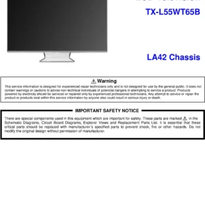Panasonic tx l55wt65b service manual cover with photo of the television, TV type, chassis code, model code, creation date and document number
