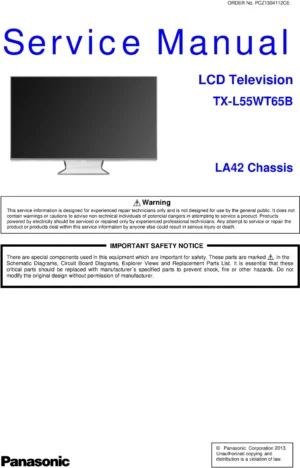 Panasonic tx l55wt65b service manual cover with photo of the television, TV type, chassis code, model code, creation date and document number