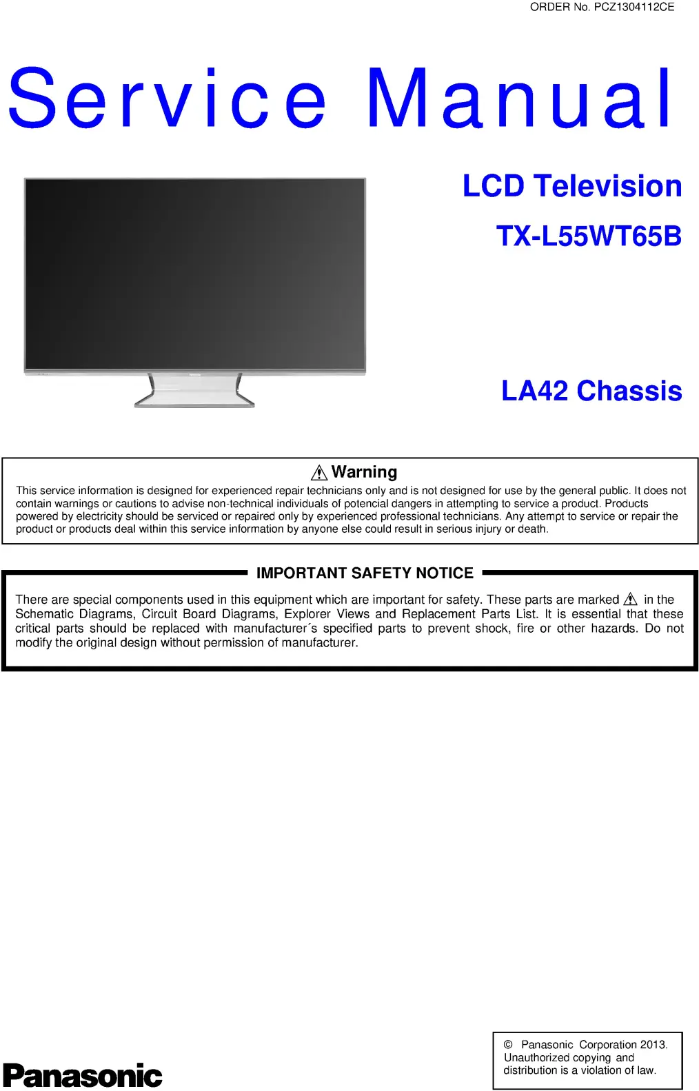 Panasonic tx l55wt65b service manual cover with photo of the television, TV type, chassis code, model code, creation date and document number