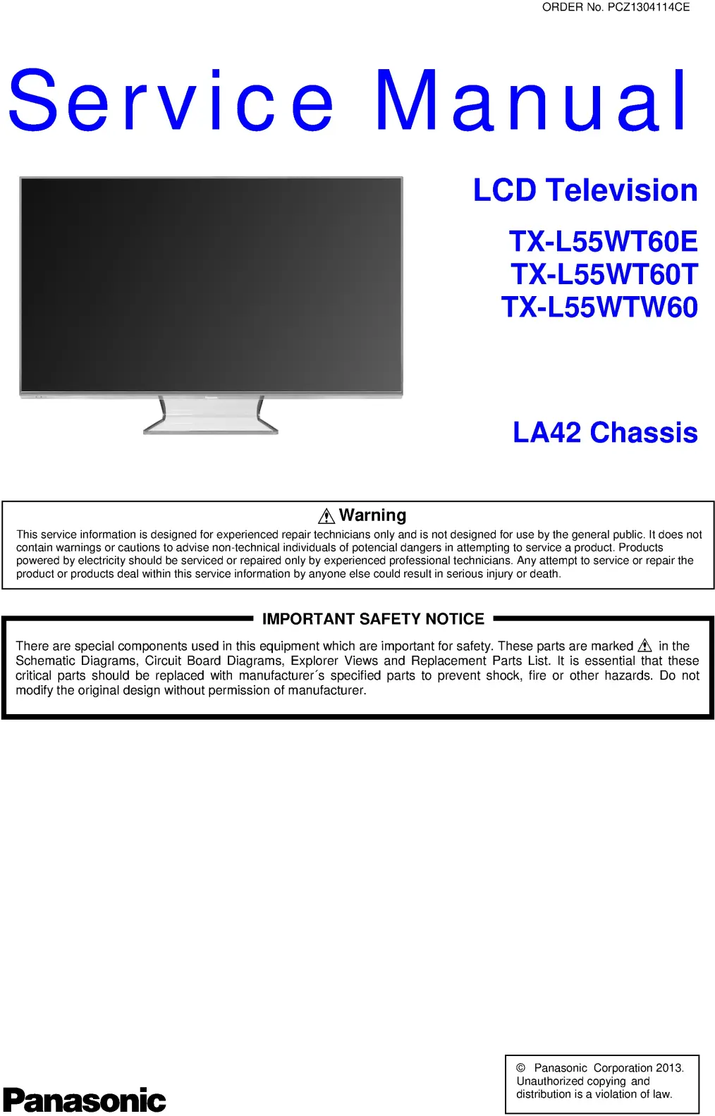 Panasonic tx l55wtw60 service manual cover with photo of the television, TV type, chassis code, model code, creation date and document number