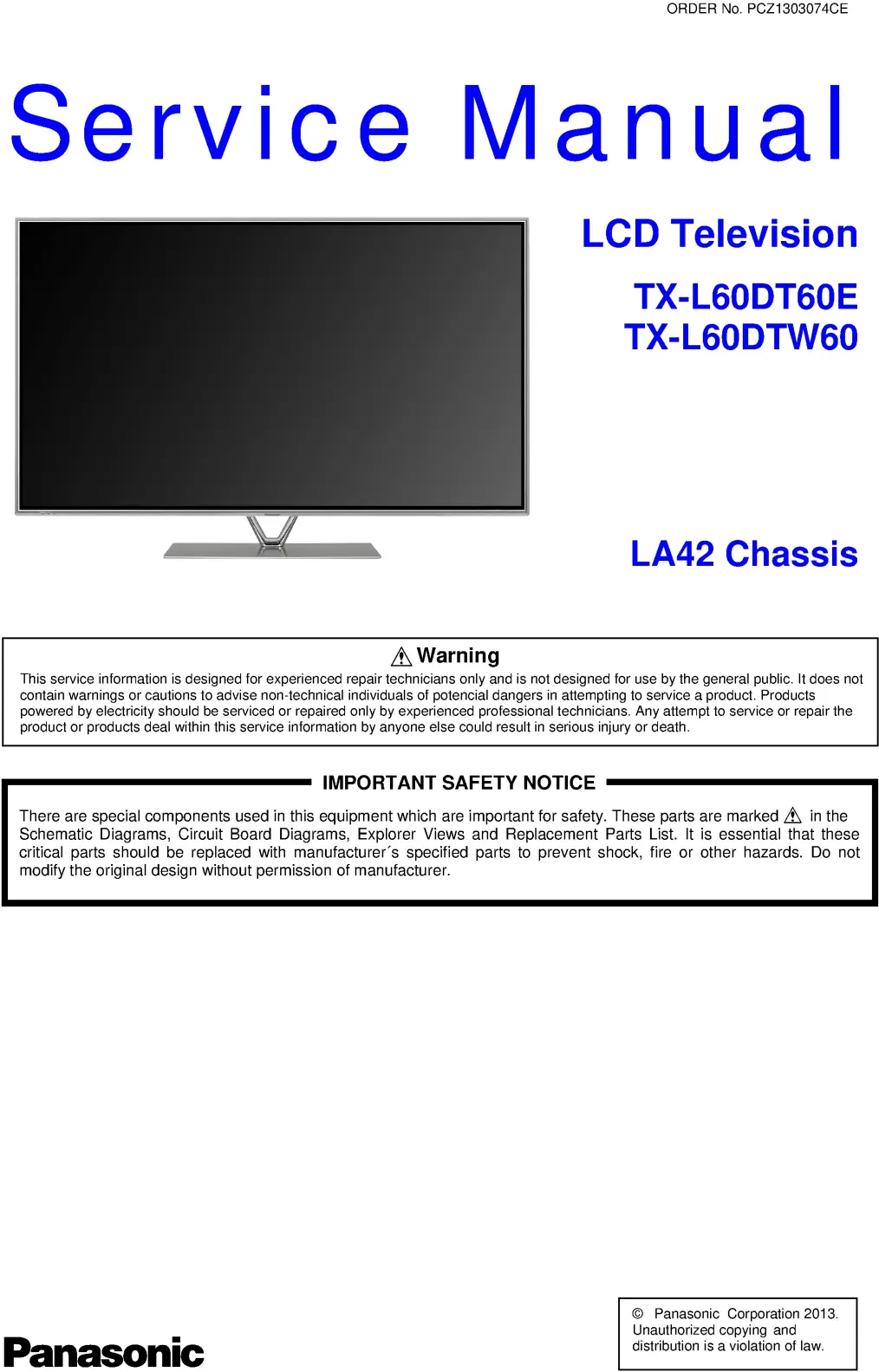 Panasonic tx l60dt60e service manual cover with photo of the television, TV type, chassis code, model code, creation date and document number