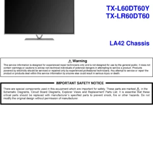 Panasonic tx l60dt60y service manual cover with photo of the television, TV type, chassis code, model code, creation date and document number