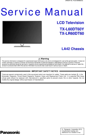 Panasonic tx l60dt60y service manual cover with photo of the television, TV type, chassis code, model code, creation date and document number