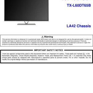 Panasonic tx l60dt65b service manual cover with photo of the television, TV type, chassis code, model code, creation date and document number