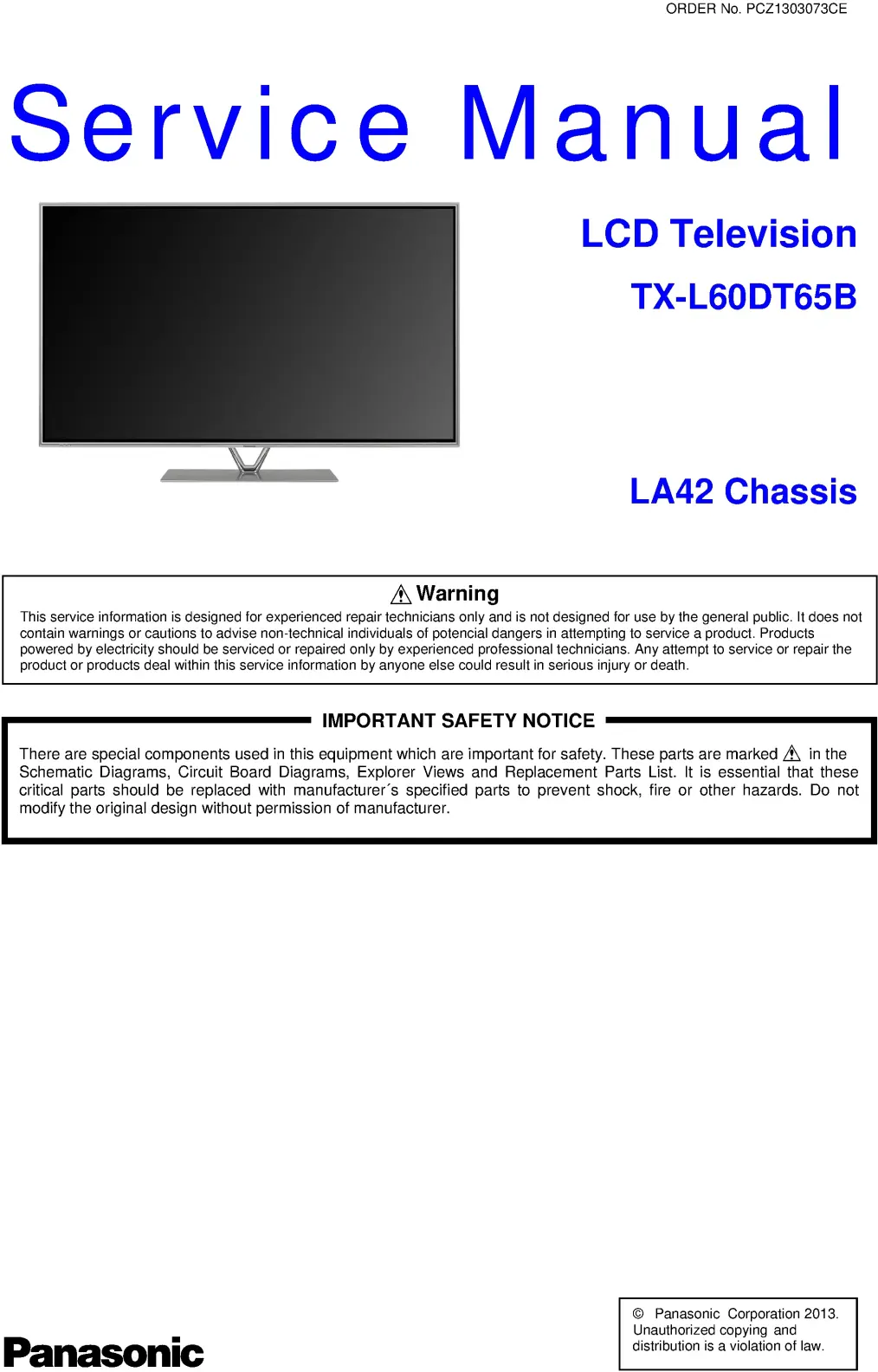 Panasonic tx l60dt65b service manual cover with photo of the television, TV type, chassis code, model code, creation date and document number
