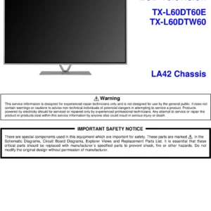 Panasonic tx l60dtw60 service manual cover with photo of the television, TV type, chassis code, model code, creation date and document number