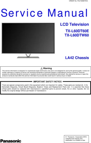 Panasonic tx l60dtw60 service manual cover with photo of the television, TV type, chassis code, model code, creation date and document number