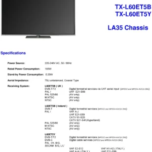 Panasonic tx l60et5b service manual cover with photo of the television, TV type, chassis code, model code, creation date and document number