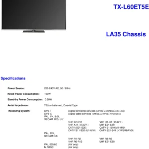 Panasonic tx l60et5e service manual cover with photo of the television, TV type, chassis code, model code, creation date and document number