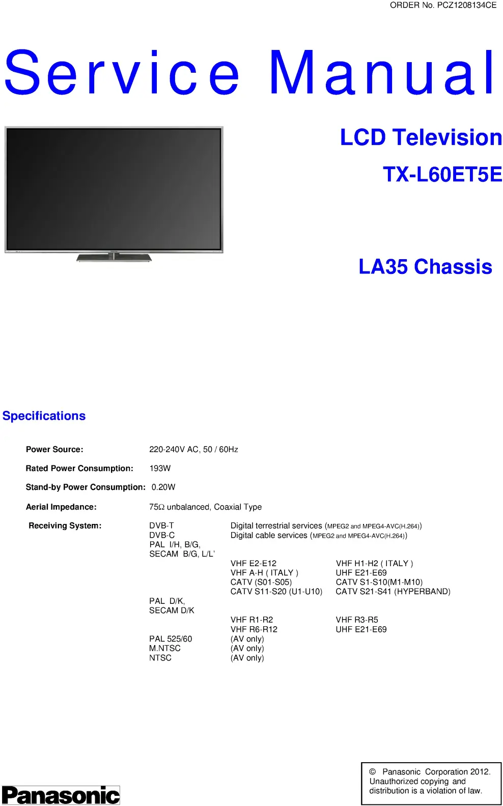 Panasonic tx l60et5e service manual cover with photo of the television, TV type, chassis code, model code, creation date and document number
