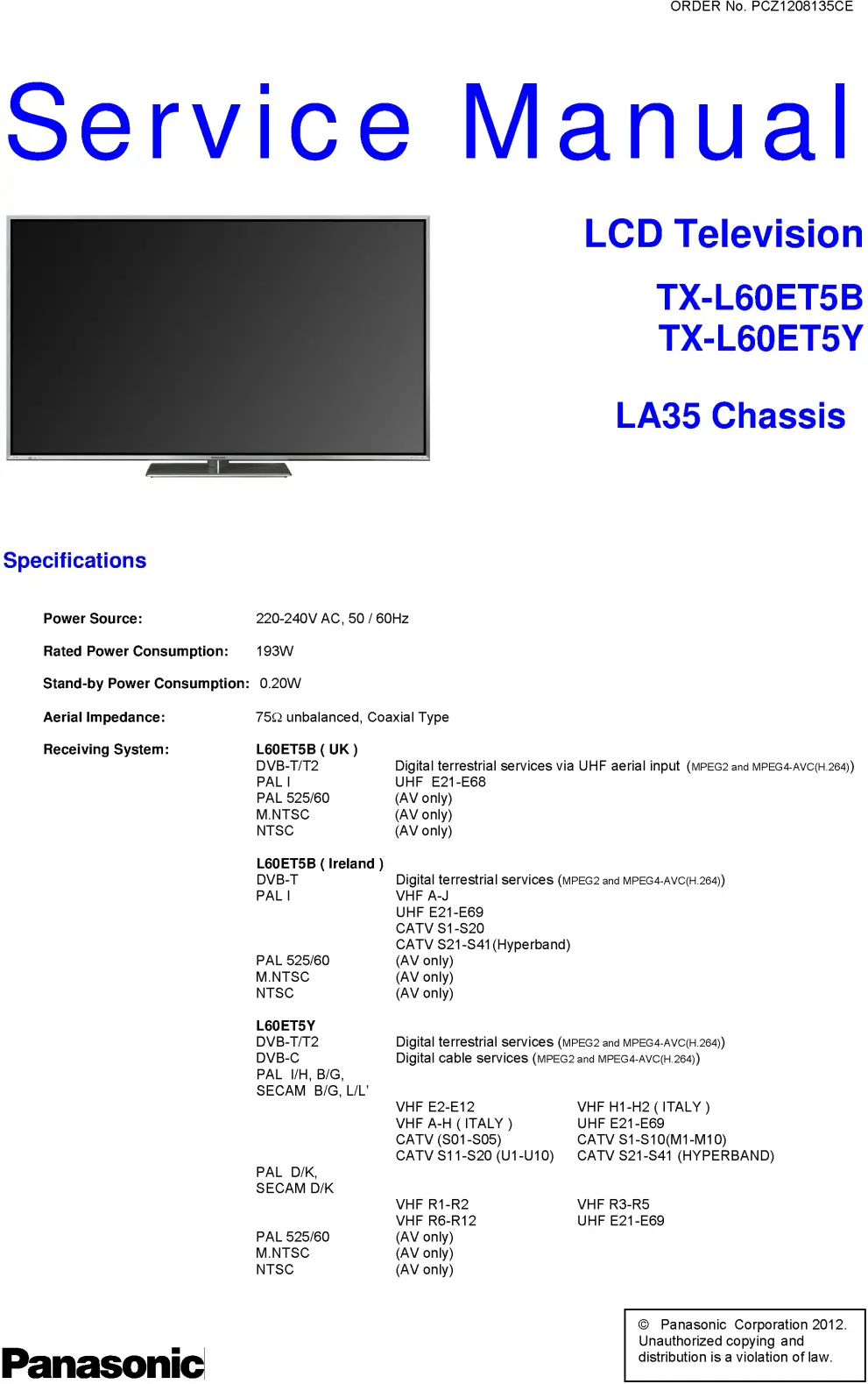 Panasonic tx l60et5y service manual cover with photo of the television, TV type, chassis code, model code, creation date and document number