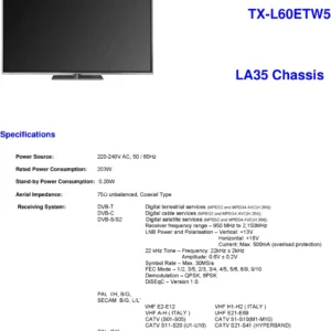Panasonic tx l60etw5 service manual cover with photo of the television, TV type, chassis code, model code, creation date and document number