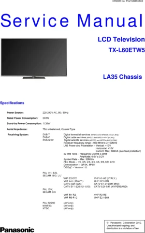 Panasonic tx l60etw5 service manual cover with photo of the television, TV type, chassis code, model code, creation date and document number