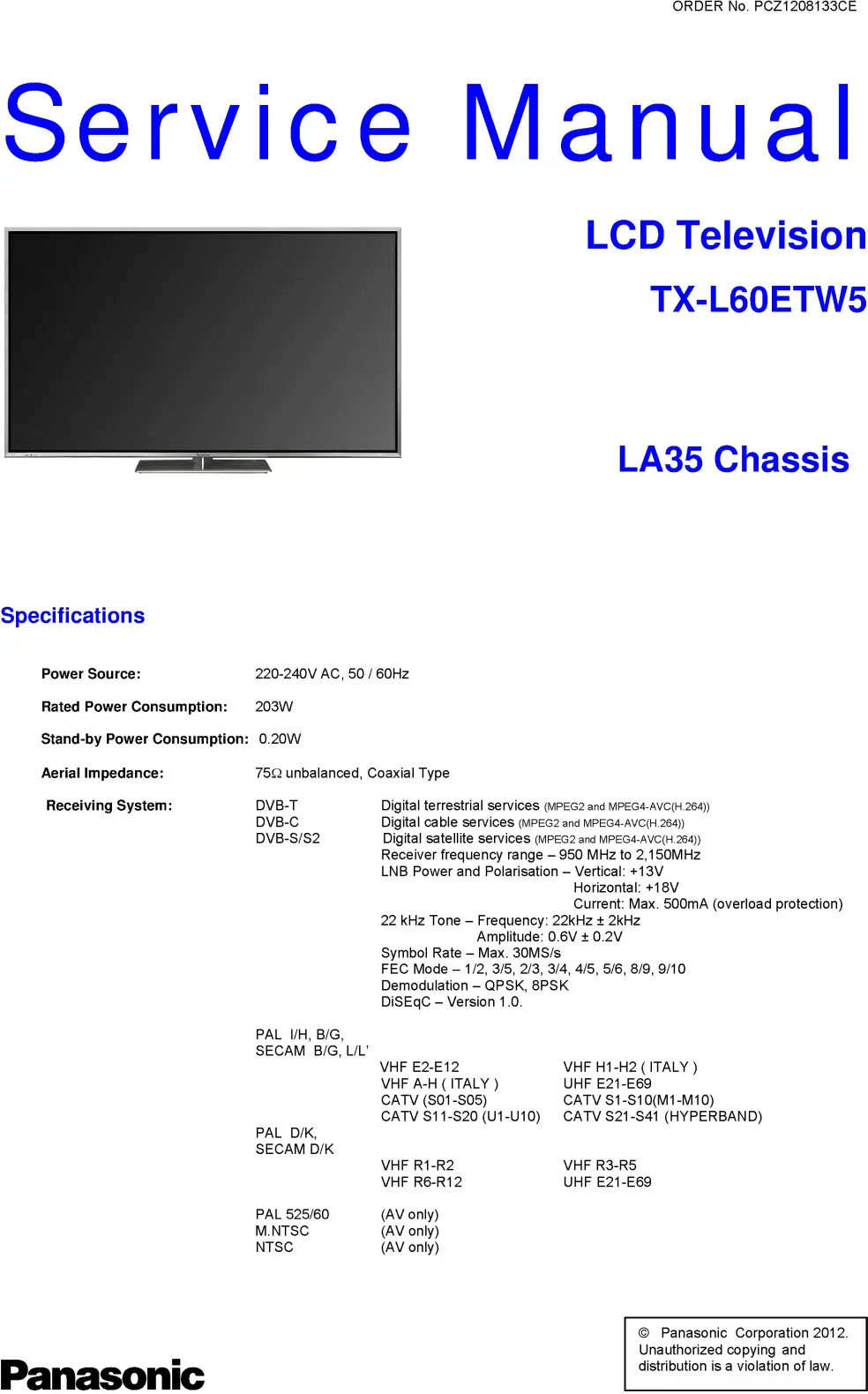 Panasonic tx l60etw5 service manual cover with photo of the television, TV type, chassis code, model code, creation date and document number
