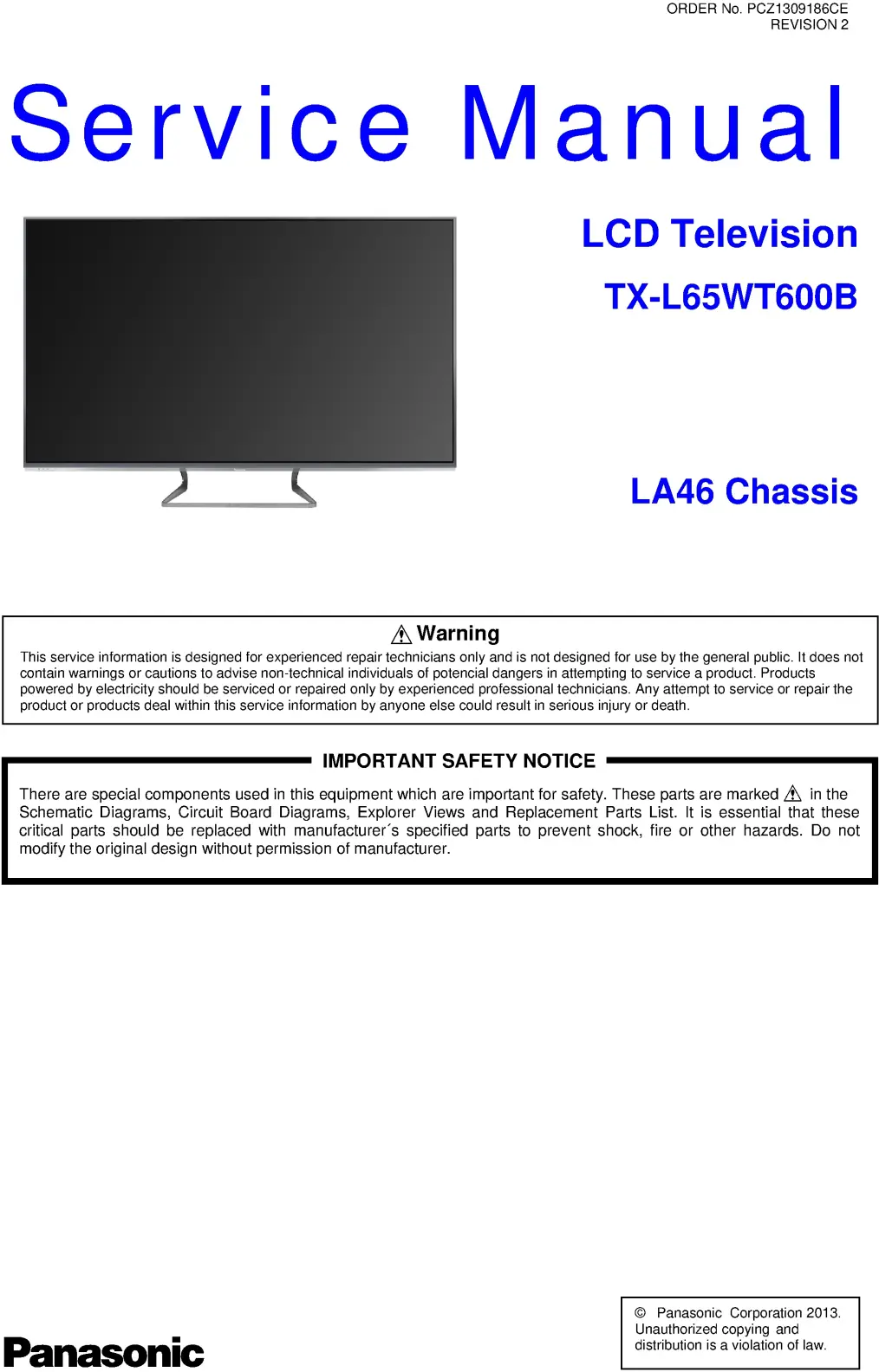 Panasonic tx l65wt600b service manual cover with photo of the television, TV type, chassis code, model code, creation date and document number