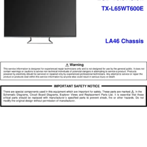 Panasonic tx l65wt600e service manual cover with photo of the television, TV type, chassis code, model code, creation date and document number