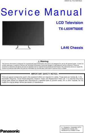 Panasonic tx l65wt600e service manual cover with photo of the television, TV type, chassis code, model code, creation date and document number