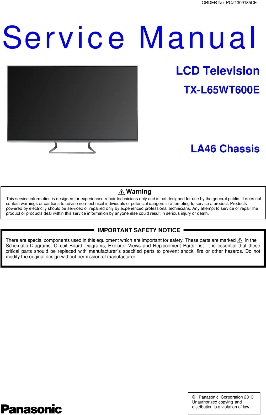 Panasonic tx l65wt600e service manual cover with photo of the television, TV type, chassis code, model code, creation date and document number