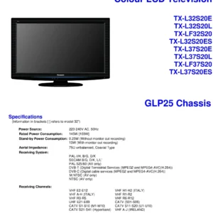 Panasonic tx lf32s20 l32s20 service manual cover with photo of the television, TV type, chassis code, model code, creation date and document number