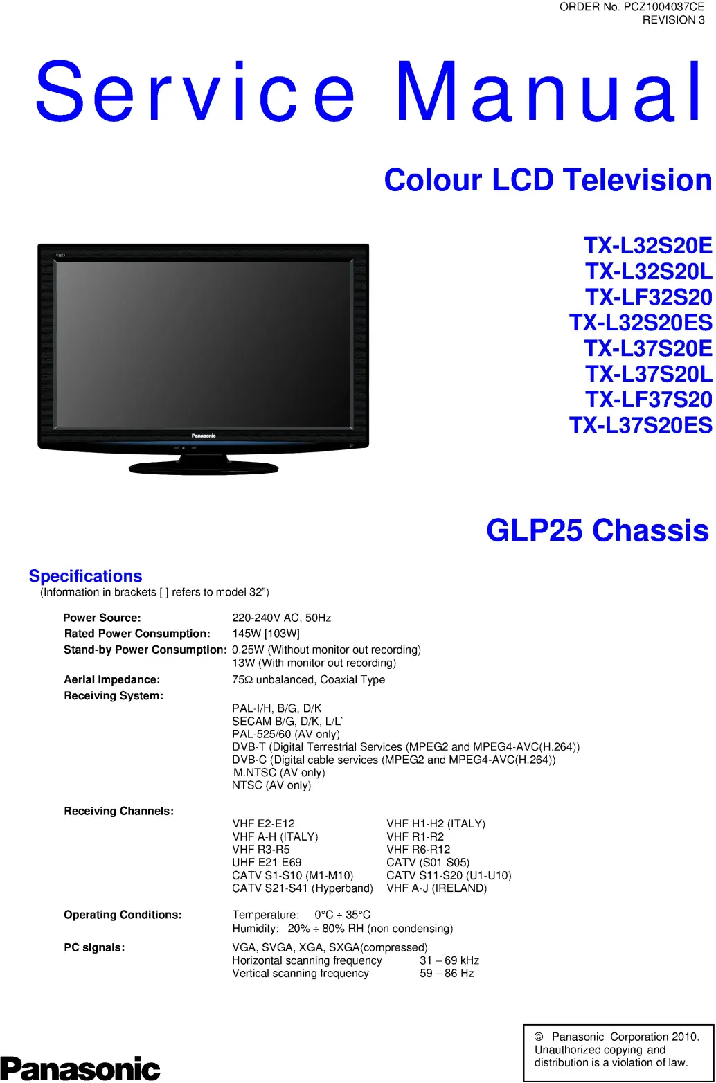 Panasonic tx lf32s20 l32s20 service manual cover with photo of the television, TV type, chassis code, model code, creation date and document number