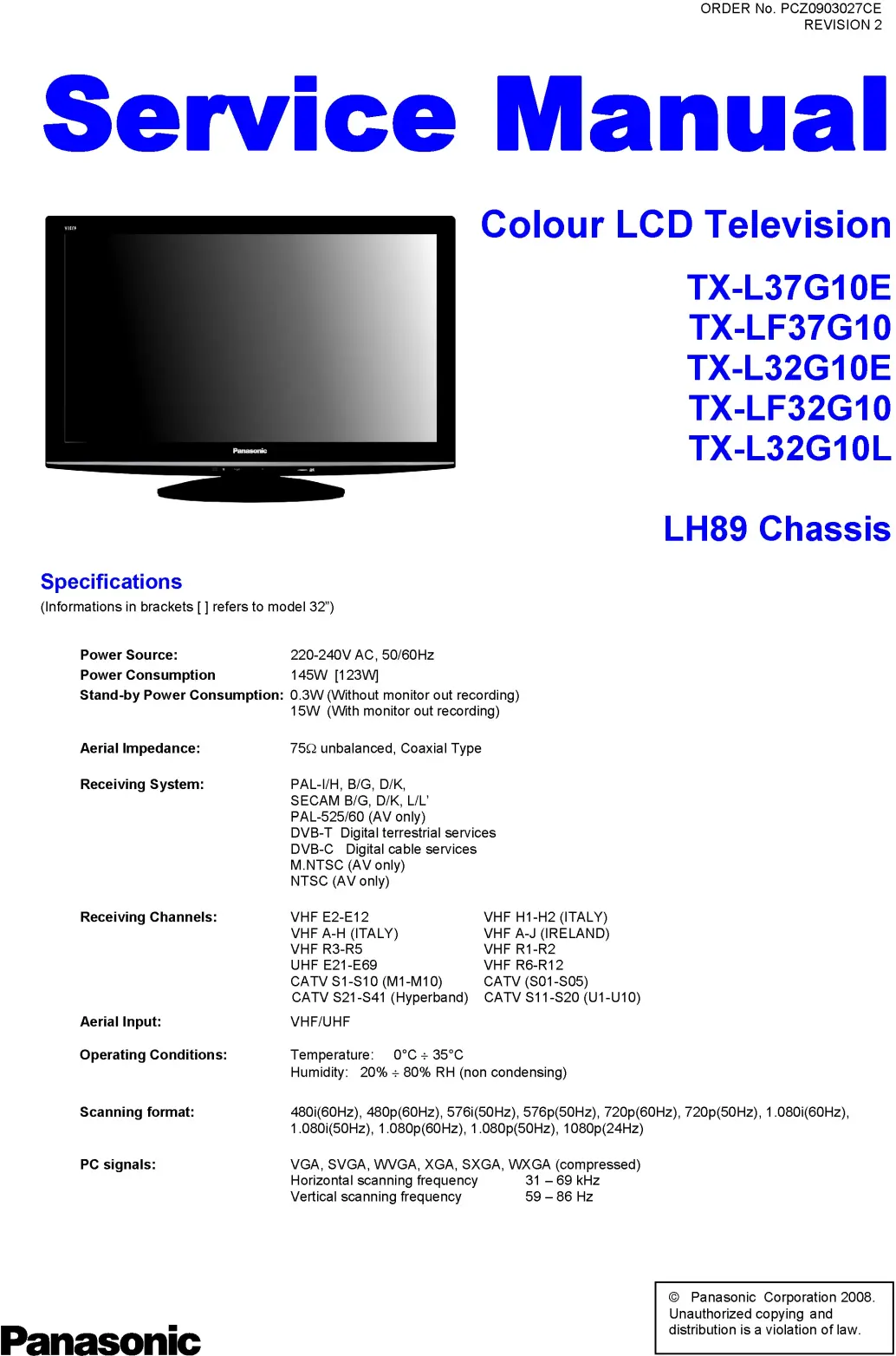 Panasonic tx lf37g10 lf32g10 service manual cover with photo of the television, TV type, chassis code, model code, creation date and document number