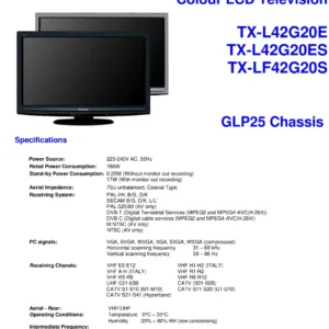 Panasonic tx lf42g20s service manual cover with photo of the television, TV type, chassis code, model code, creation date and document number