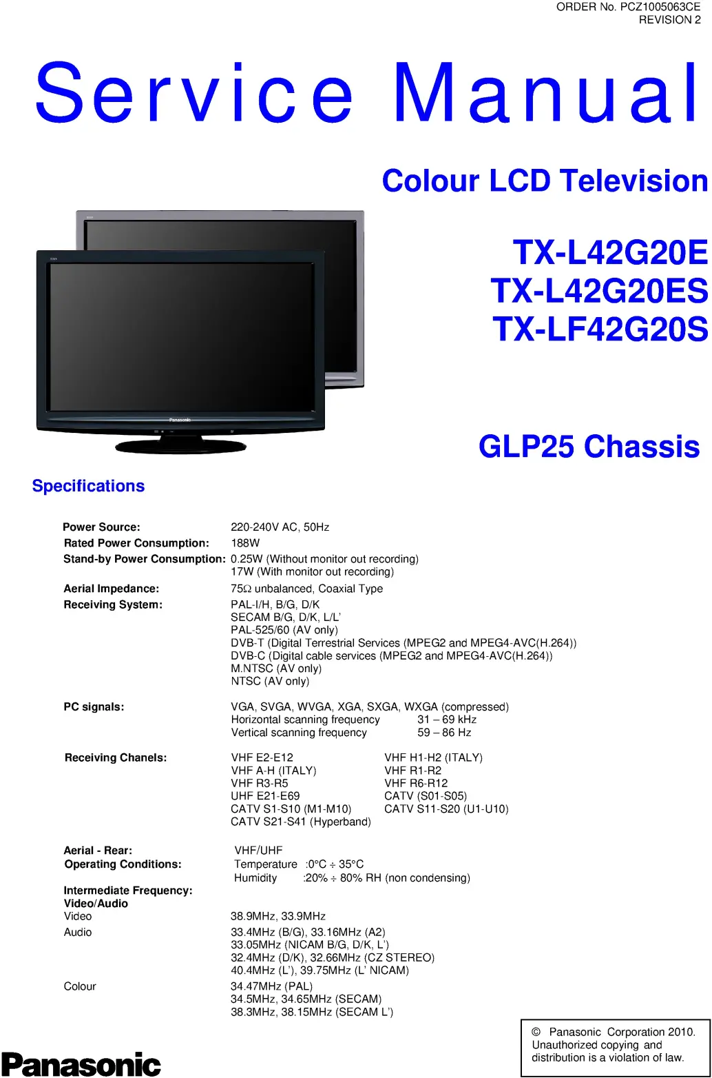 Panasonic tx lf42g20s service manual cover with photo of the television, TV type, chassis code, model code, creation date and document number