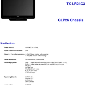 Panasonic tx lr24c3 service manual cover with photo of the television, TV type, chassis code, model code, creation date and document number