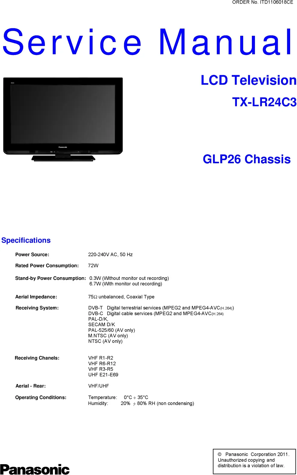 Panasonic tx lr24c3 service manual cover with photo of the television, TV type, chassis code, model code, creation date and document number