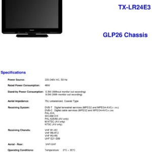 Panasonic tx lr24e3 service manual cover with photo of the television, TV type, chassis code, model code, creation date and document number