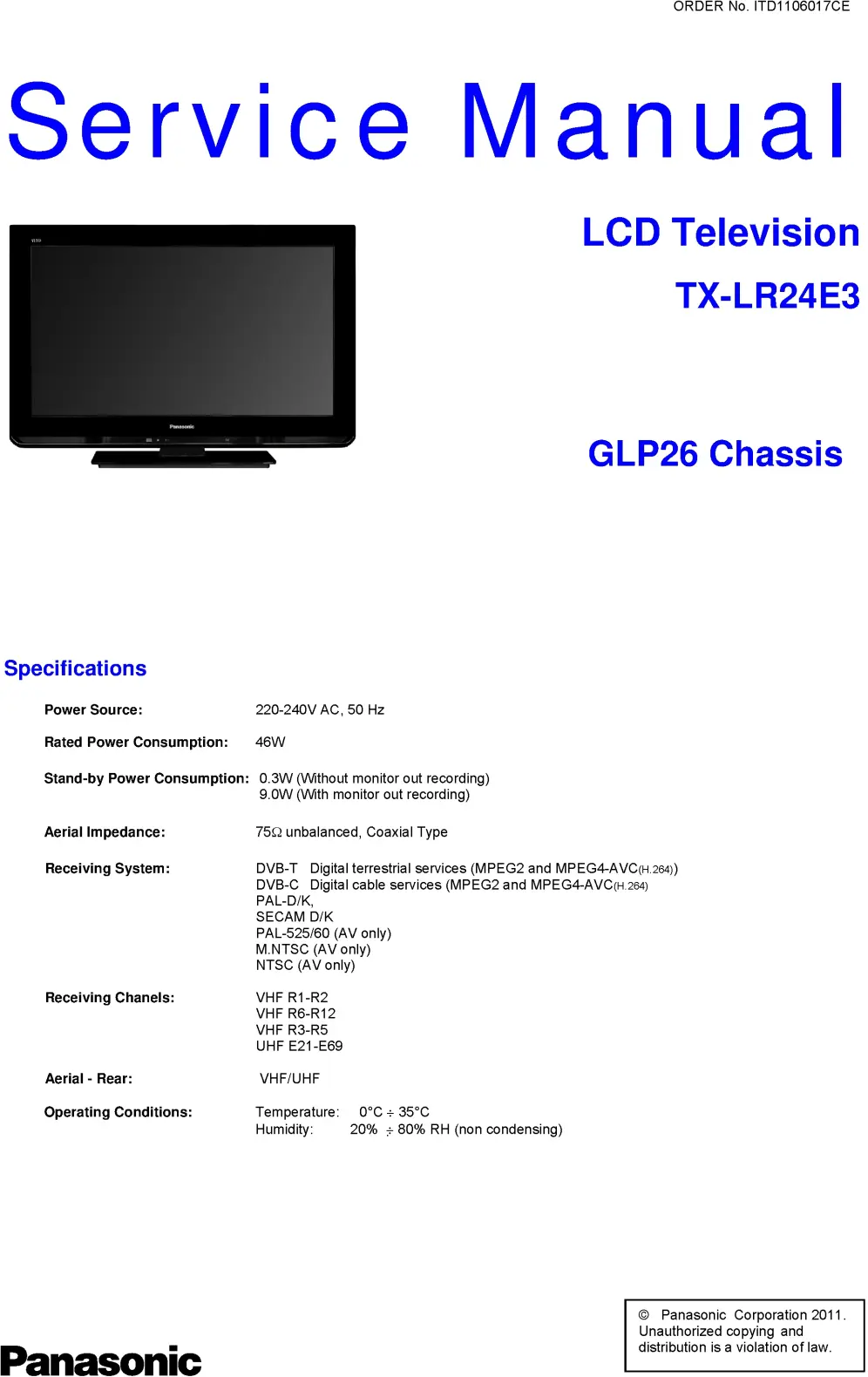 Panasonic tx lr24e3 service manual cover with photo of the television, TV type, chassis code, model code, creation date and document number
