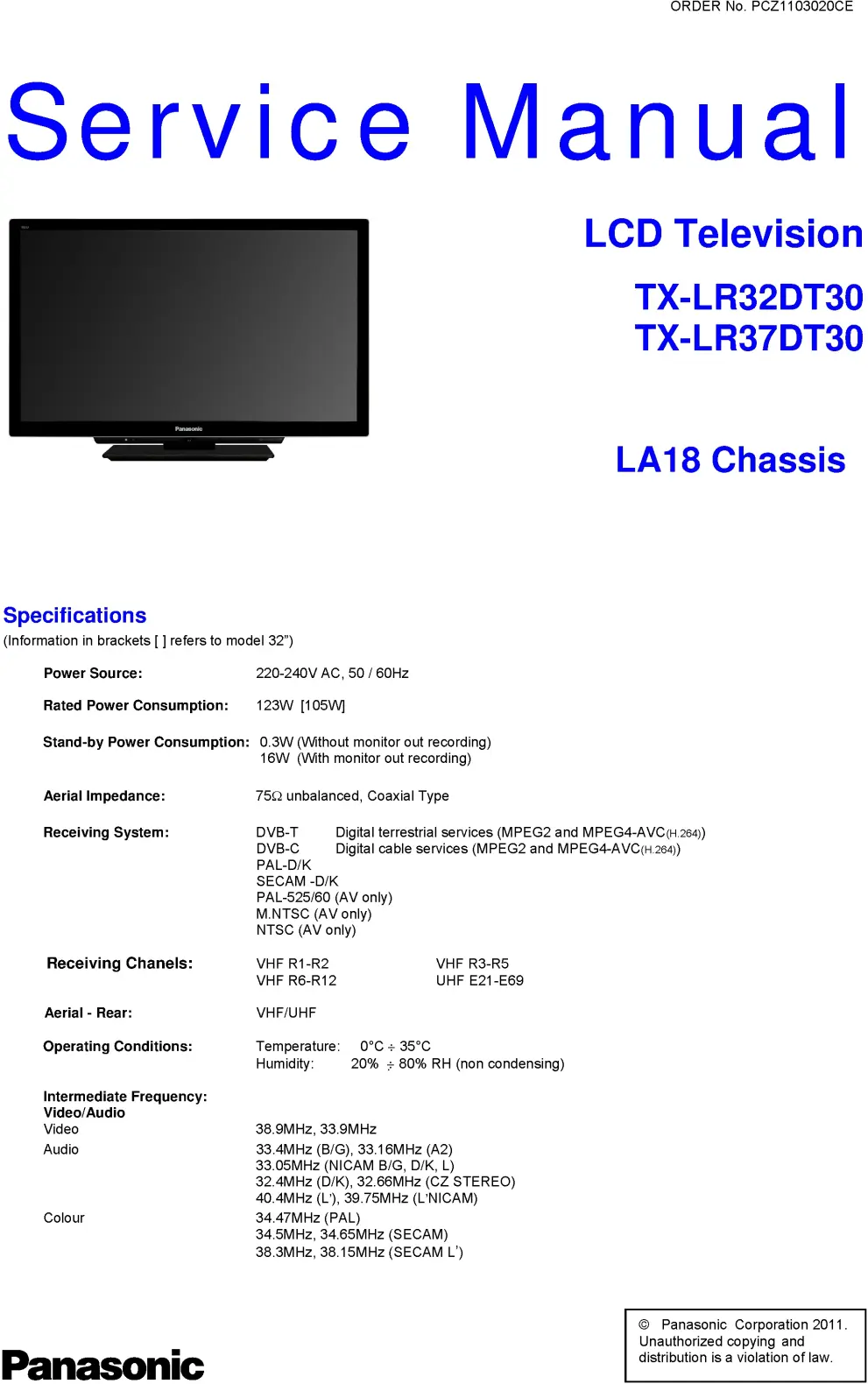 Panasonic tx lr32dt30 service manual cover with photo of the television, TV type, chassis code, model code, creation date and document number