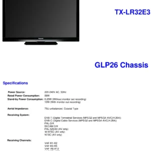 Panasonic tx lr32e3 service manual cover with photo of the television, TV type, chassis code, model code, creation date and document number