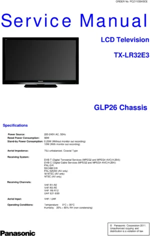 Panasonic tx lr32e3 service manual cover with photo of the television, TV type, chassis code, model code, creation date and document number
