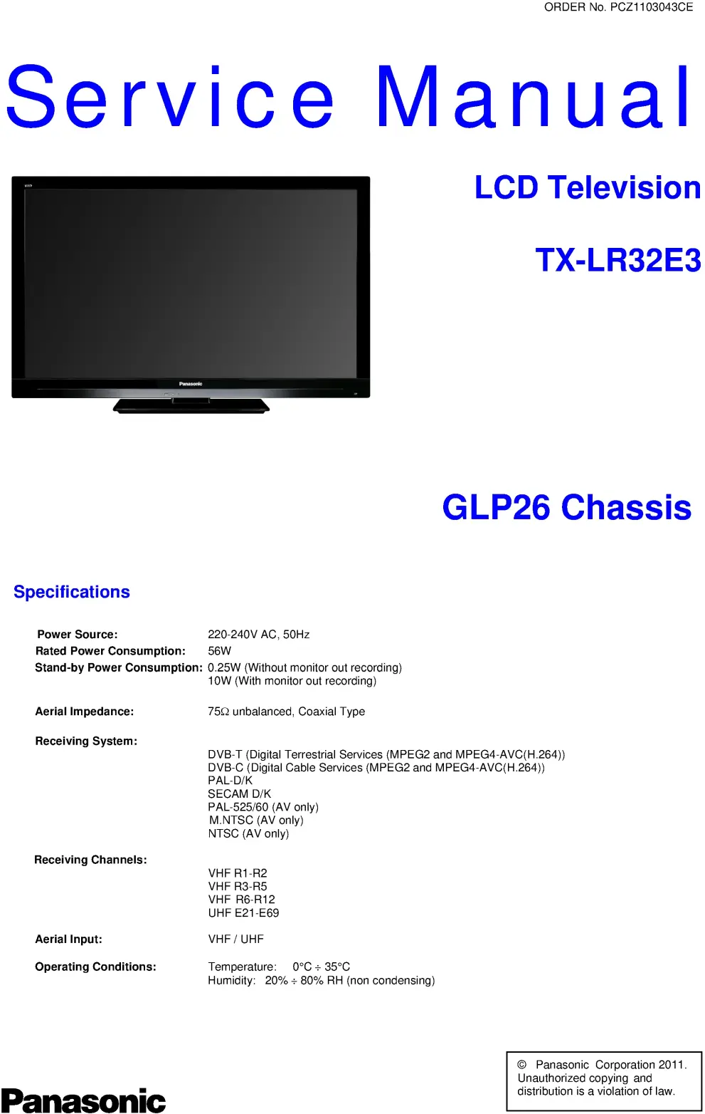 Panasonic tx lr32e3 service manual cover with photo of the television, TV type, chassis code, model code, creation date and document number