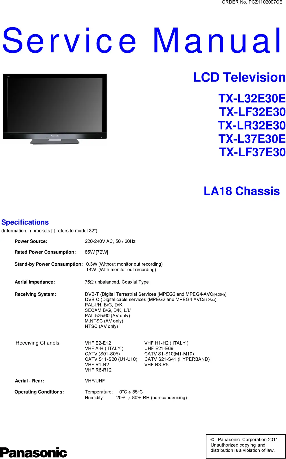 Panasonic tx lr32e30 service manual cover with photo of the television, TV type, chassis code, model code, creation date and document number