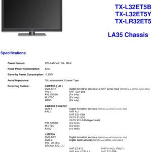 Panasonic tx lr32et5 l32et5y service manual cover with photo of the television, TV type, chassis code, model code, creation date and document number