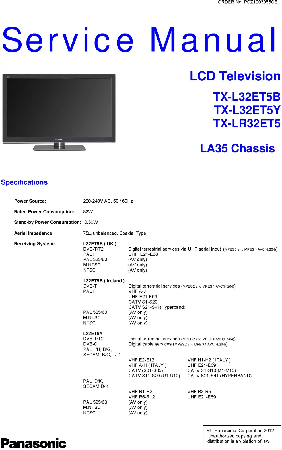 Panasonic tx lr32et5 service manual cover with photo of the television, TV type, chassis code, model code, creation date and document number