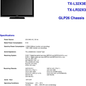 Panasonic tx lr32x3 service manual cover with photo of the television, TV type, chassis code, model code, creation date and document number