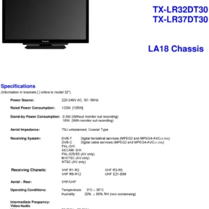 Panasonic tx lr37dt30 service manual cover with photo of the television, TV type, chassis code, model code, creation date and document number