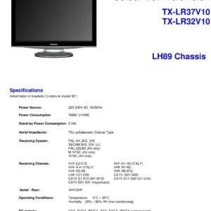 Panasonic tx lr37v10 lr32v10 service manual cover with photo of the television, TV type, chassis code, model code, creation date and document number