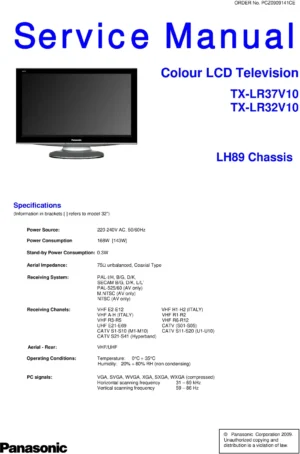 Panasonic tx lr37v10 lr32v10 service manual cover with photo of the television, TV type, chassis code, model code, creation date and document number