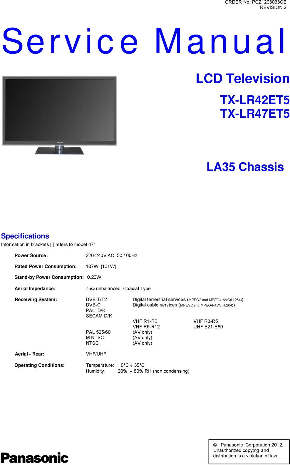 Panasonic tx lr42et5 service manual cover with photo of the television, TV type, chassis code, model code, creation date and document number