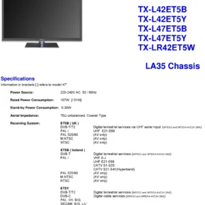 Panasonic tx lr42et5w service manual cover with photo of the television, TV type, chassis code, model code, creation date and document number