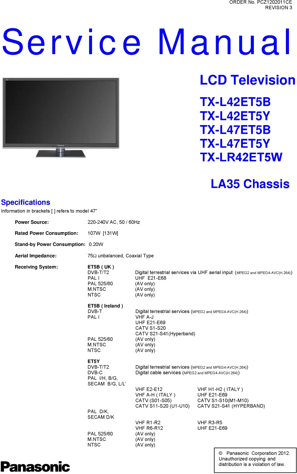 Panasonic tx lr42et5w service manual cover with photo of the television, TV type, chassis code, model code, creation date and document number