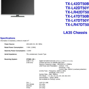 Panasonic tx lr47dt50 service manual cover with photo of the television, TV type, chassis code, model code, creation date and document number