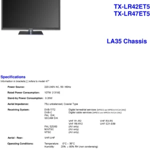 Panasonic tx lr47et5 service manual cover with photo of the television, TV type, chassis code, model code, creation date and document number