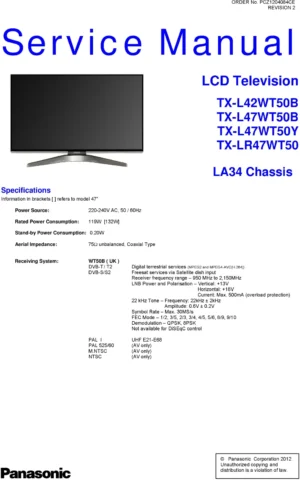 Panasonic tx lr47wt50 service manual cover with photo of the television, TV type, chassis code, model code, creation date and document number