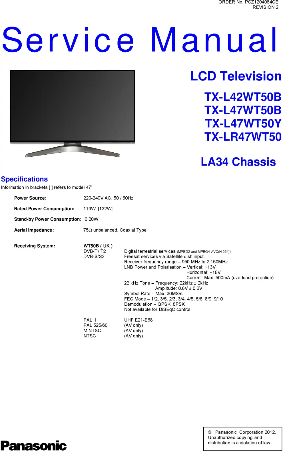 Panasonic tx lr47wt50 service manual cover with photo of the television, TV type, chassis code, model code, creation date and document number